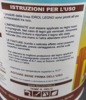 Finitura all’acqua per legno Idrol Satinato etichetta retro
