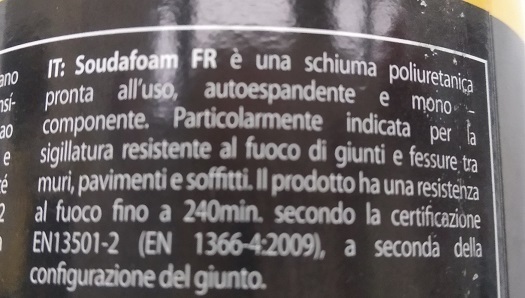 Schiuma poliuretanica antifuoco Soudafoam Fire Range (750 ml) - Soudal - etichetta retro descrizione