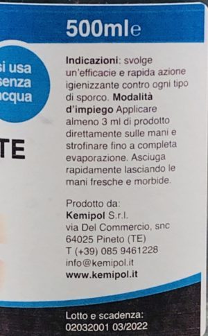 Gel igienizzante mani profumato Kemipol 500ml etichetta