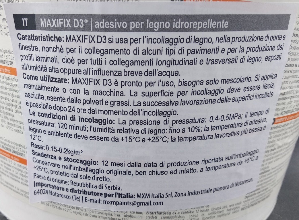 Colla per legno resistente all’acqua Maxifix D3 dettagli etichetta